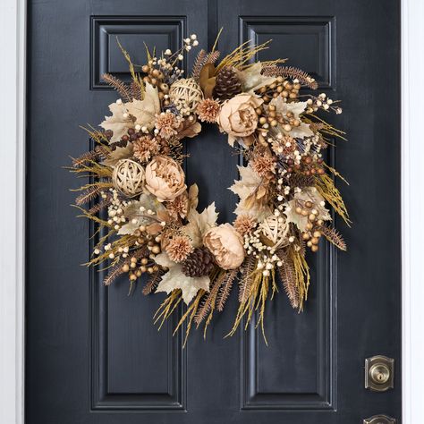 Features Available in: 24" Diameter x 6" Deep 28" Diameter x 6" Deep Life-like Botanical & Floral Indoor or Outdoor Covered Use Designed, Handcrafted in Ohio Shown in 24" Size Happy Holidays! Say it all with a Darby Creek Wreath this Season. Our Tiramisu Layers - Autumn Peony, Pampas Grass, Rattan Ball & Pine Front Door Fall Wreath is the perfect statement piece for the front door, wall, or above the mantel in your home. This gorgeous wreath will say a merry little hello to all your guests and l