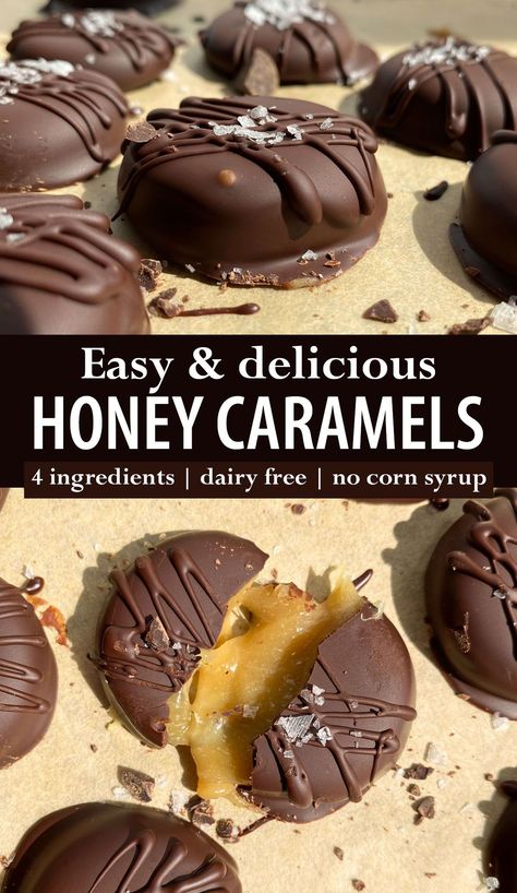 Healthy Chocolate Candy Recipes, Gluten Free Dairy Free Candy, Chocolate Honey Recipes, Dairy Free Chocolate Recipes, Treats Made With Honey, Snacks Made With Honey, Honey Candy Recipe Simple, Honey Carmels, Paleo Candy Recipes