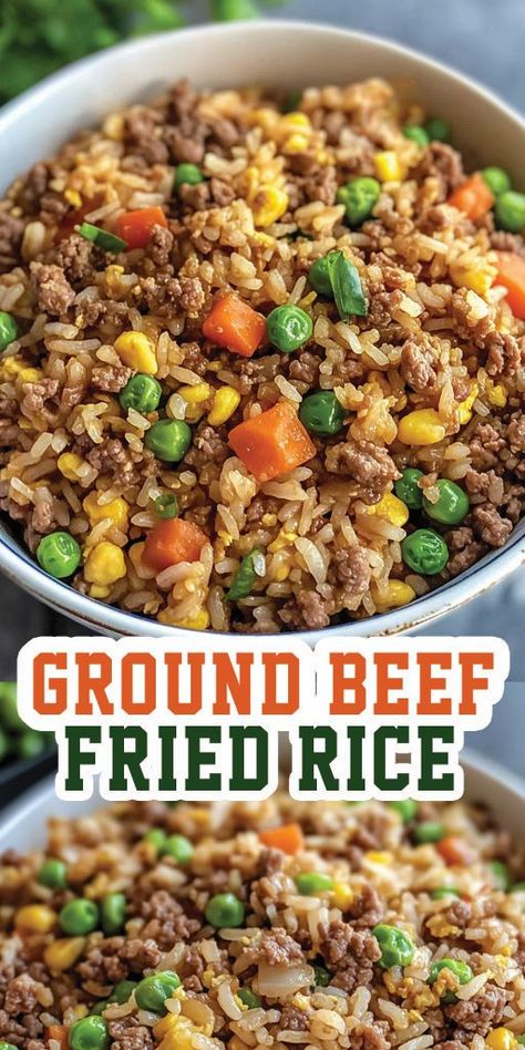 Ground Beef Fried Rice Ingredients: 1 lb ground beef 3 cups cooked rice (day-old rice works best) 2 tablespoons vegetable oil 1 onion, diced 2 cloves garlic, minced 1 cup frozen peas and carrots mix 2 eggs, beaten 3 tablespoons soy sauce 1 tablespoon oyster sauce (optional) 1 tablespoon sesame oil Salt and pepper to taste 2 green onions, sliced for garnish #groundbeef #easyrecipes #camilarecipes Frozen Peas And Carrots Recipe, Ground Beef Fried Rice Recipe, Ground Beef Fried Rice, Recipes With 1lb Ground Beef, Fried Rice Ingredients, Frozen Peas And Carrots, Beef Fried Rice, Fried Rice With Egg, Healthy Lunches For Work