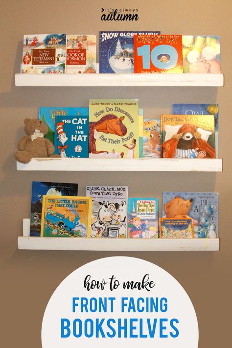 How to make front facing bookshelves to store and display books in a kid's room! DIY kids bookshelves. #bookshelves Front Facing Bookshelf, Diy Bookshelf Kids, Book Typography, Bookshelf Diy, Hide Tv, Homeschool Space, Ikea Craft Room, Ikea Crafts, Bookshelf Ideas