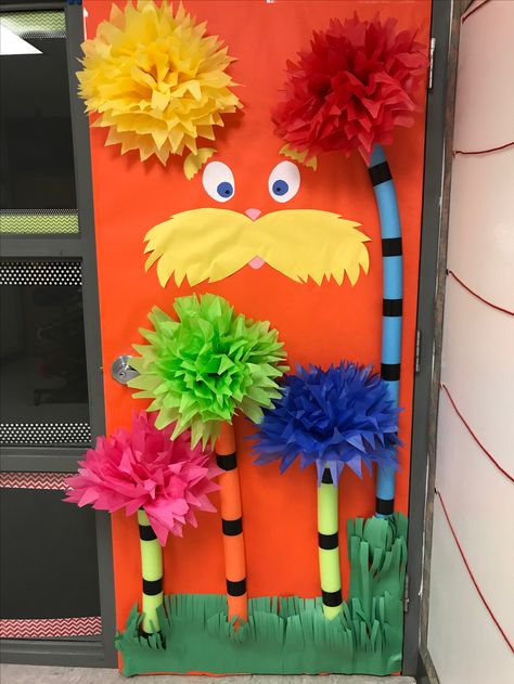 Lorax Photo Booth, The Lorax Classroom Theme, Door Decorations Classroom Literacy Week, Read Across America Classroom Door, Bird Door Decorations Classroom, Dr Seuss Library Decorations, The Lorax Door Decorations Classroom, Dr Seuss Halloween Decorations, The Lorax Party Decorations