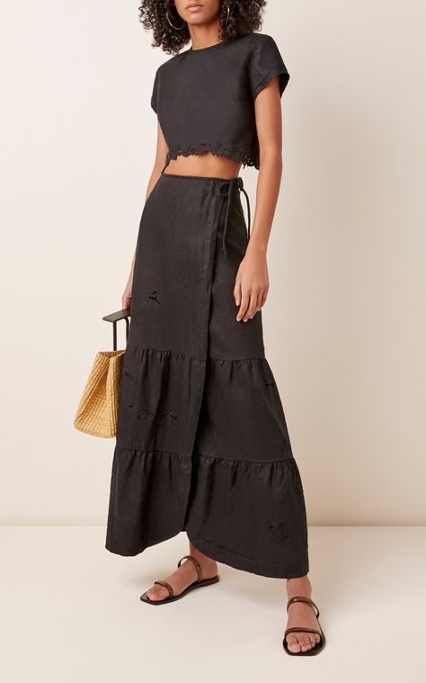 Alena Cropped Floral-Embroidered Linen Top by Sir The Label | Moda Operandi Tiered Wrap Skirt, Black Linen Skirt Outfit, 2022 Skirt, Thrifting Inspiration, English Clothes, Linen Maxi Skirt, Thrift Flips, Sir The Label, Peace Corps