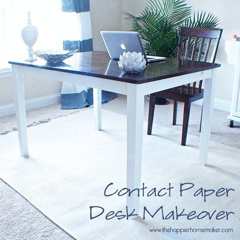 Contact Paper Desk Makeover Contact Paper Desk, Paper Desk, Side Table Makeover, Makeover Before And After, Desk Makeover, Office Crafts, Table Makeover, Diy Makeover, Craft Room Office