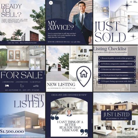 Enjoy 93 Real Estate Instagram Post Templates for Canva to take your Instagram page and your real estate business to the next level. Use these templates to increase follower engagement and grow your company by customizing the template to fit your desired fonts/colour scheme/photos. Using these Canva templates for Instagram, which include photo templates, SOLD / FOR SALE / JUST LISTED templates, educational templates, customer testimonial templates, quote templates,  and more, you are sure to dr Realtor Graphic Design, Real Estate Template Design, Just Listed Real Estate Social Media, Just Sold Real Estate Marketing, Real Estate Design Social Media, Real Estate Instagram Posts Ideas, Real Estate Creative Post, Real Estate Branding Ideas, Just Listed Real Estate