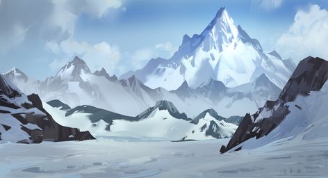 Mont Blanc, Snow Mountain Fantasy Art, Snow Mountain Concept Art, Snow Mountains Illustration, Snow Mountain Art, Fantasy Snow Mountain, Snowy Mountain Drawing, Snow Mountain Drawing, Snow Mountain Illustration