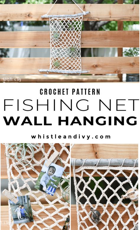 Crochet Fishing Net Wall Hanging - Beachy Decor Pattern Beach Crochet Decor, Crochet Net Pattern Free, Crochet Net Pattern, Diy Fishing Net, Crochet Fishing, Fishing Net Wall Decor, Crochet Netting, Net Crochet, Toy Net