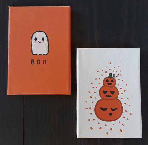 2 hand painted halloween themed paintings, they will arrived wrapped, so they can be given as gifts. The canvases are 12.5 cm. by 17.5 cm. whith a depth of 1 cm. Made with acrylic paints. Paintings will vary slightly because they are handmade. Easy Painting Ideas On Canvas For Beginners Halloween, Easy Pumpkin Paintings On Canvas, Preppy Fall Paintings, Spooky Paint Night Ideas, Easy Things To Draw And Paint, Fall Paintings Aesthetic Easy, Things To Paint With Acrylic Paints, Things To Paint For Fall, Cute Fall Canvas Paintings