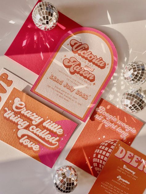 4 Stationery designs to set the tone for your 70's DISCO wedding! Mod Disco Wedding, 70s Invitation Design, Groovy Wedding Invitations, Pink And Orange Wedding Invitations, Pink Set Up, Disco Wedding Invitation, Retro Invitation Design, Retro Invitation Card, Colourful Invitations