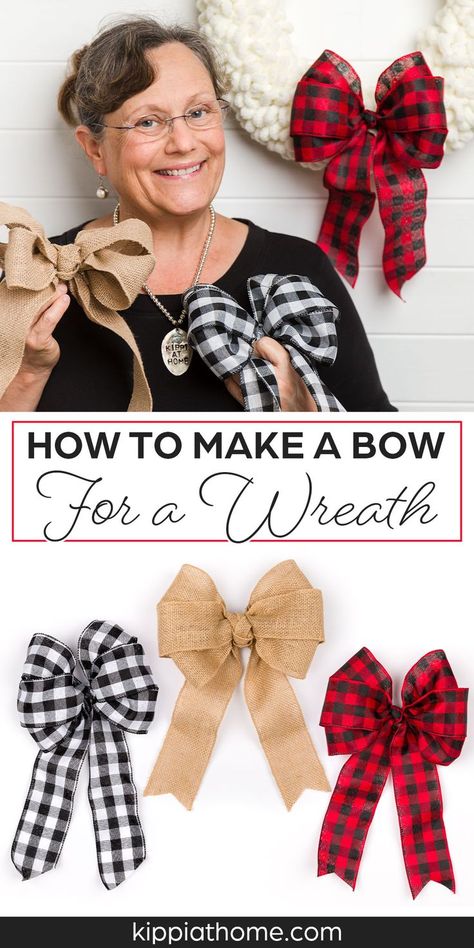 Three handmade ribbon bows, burlap, black and white check and red and black check ribbon Making Bows For Wreaths, Christmas Bows Diy, Easy Bow, Bow Maker, Christmas Wreath Bows, Homemade Bows, Buat Pita, Christmas Tree Bows, Bows Diy Ribbon