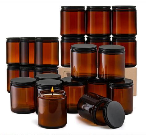 24 Pack, 8 OZ Thick Amber Round Glass Jars with Black Metal Lids - Empty Candle Making Jar, Food Storage Containers, Canning/Mason Jar For Spice, Powder, Liquid, Sample - Leakproof & Dishwasher Safe Candle Making Jars, Empty Candle, Mini Mason Jars, Amber Glass Jars, Glass Jars With Lids, Glass Mason Jars, Glass Jar Candles, Apothecary Jars, Canning Jars