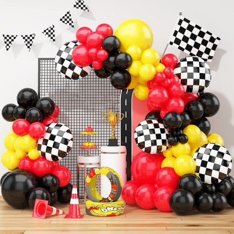 PRICES MAY VARY. ❣️【Elegant Design】 Our race car balloon arch kit are designed to add a touch of elegance to your event! The balloon garland includes 10inch: 28 x red, 28 x yellow, 28 x black, 5inch: 8 x black, 8 x red, 8 x yellow, 18inch: 1 x yellow, 1 x red, 1 x black, 5 x 18inch black and white plaid foil balloons; 1x balloon strip, 1x dispensing, 1x ribbon. ❣️【Quality Guarantee】 Our race car red black yellow balloon arch are made of high-quality materials, ensuring long-lasting bright colors Black Balloon Arch, Race Car Theme Party, Car Theme Party, Car Balloon, Race Car Party Decorations, Cars Birthday Party Decorations, Garland Birthday, Balloon Arch Kit, Car Themed Parties