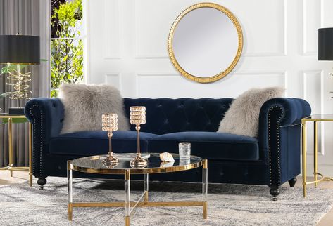 Navy Blue Chesterfield Sofa, Chesterfield Sofa Decor, Blue Chesterfield Sofa, Chesterfield Sofa Living Room, Dark Blue Sofa, Blue Sofa Living, Big Office, Velvet Sofa Living Room, Tufted Chesterfield Sofa