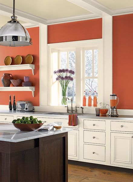 Benjamin Moore Paint Colors - Orange Kitchen Ideas - Ripened-Orange Kitchen - Paint Color Schemes . . . . . A strong reddish-orange shade conveys energy and confidence. . . . . . Wall - Fire Dance (2171-20); Ceiling - Jicama (AF-315); Trim - White Dove (OC-17). Tuscan Paint Colors, Orange Kitchen Walls, Kitchen Color Orange, Paint For Kitchen Walls, Tuscan Kitchen, Kitchen Wall Colors, Orange Kitchen, Kitchen Colour Schemes, Kitchen Paint Colors