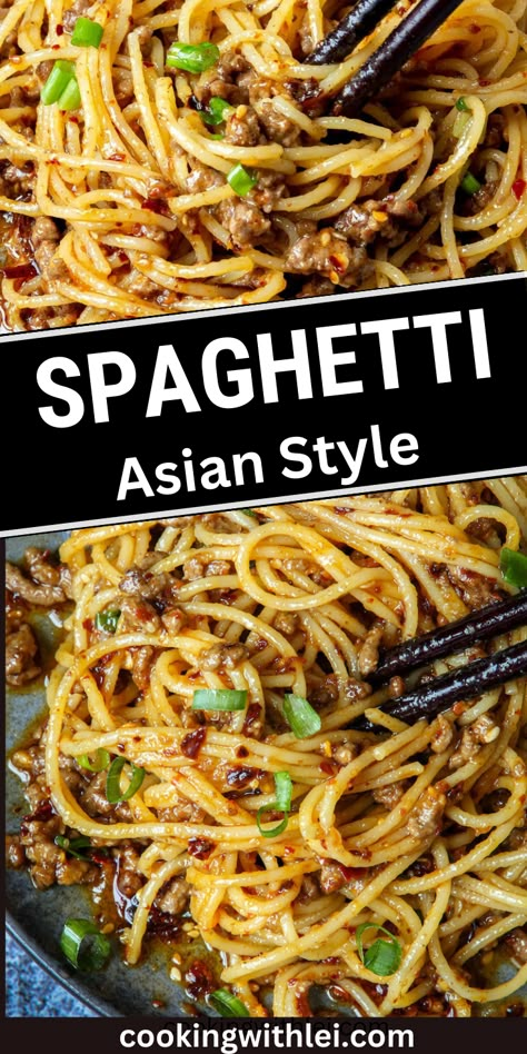 Bored of the red tomato sauce pasta? Try these Asian-style ground beef spaghetti Chinese Spaghetti Noodles, Asian Ground Beef Noodles, Asian Spaghetti Noodles, Pasta Recipes Asian, Thai Pasta Recipes, Asian Spaghetti, Ground Beef Spaghetti, Beef Spaghetti, Tomato Sauce Pasta