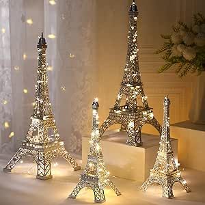 Briwooody 4 Pcs Eiffel Tower Statue Decor 15 Inch 10 Inch Metal Collectible Figurine Paris Themed Eiffel Tower Cake Topper with 2 Light Strings for Party Table Centerpiece Kitchen Decoration (Silver) French Themed Party Decorations, Paris Theme Centerpieces, Paris Theme Decor, Parisian Wedding Theme, Eiffel Tower Decor, Eiffel Tower Model, French Themed Parties, Kitchens Decor, Eiffel Tower Cake