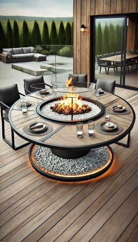 Gravel Fire Pit Ideas, Gravel Fire Pit, Fire Pit Ideas, Backyard Privacy, Modern Backyard, Backyard Patio Designs, Deck Decorating, Outdoor Kitchen Design, Outdoor Fireplace