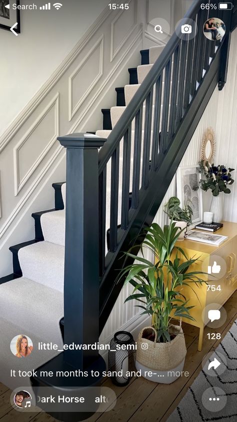 Dark Bannister Ideas, Neutral Staircase, Blue Hallways, Black Bannister, Stairs Carpet Ideas, Stair Runners Ideas, Stair Master Workout, Stair Panels, Black Banister