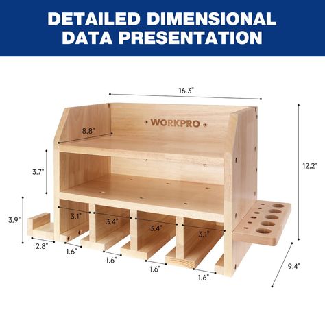 Large Storage Space: Dimensions of the tool holder 16.3" L*9.4" W*12.2" H, Heavy duty floating tool shelf is designed with 2 layers to store more tools, 5 hanging slots for power tools, and one rack for pliers, wrench, and screwdriver. You can keep your tools organized in one central location and fully utilize space. (All tools are not included) 82° Hanging Slot: Your Drills Won't Fall. The hanging slot is made of an 82°angle divider, which makes the tool tilt slightly inward to protect the tool French Cleat Storage, Tool Wall Storage, Tool Shelf, Power Tool Organizer, Power Tool Storage, Drill Holder, Tool Storage Diy, Storage Wall, Wood Shop Projects