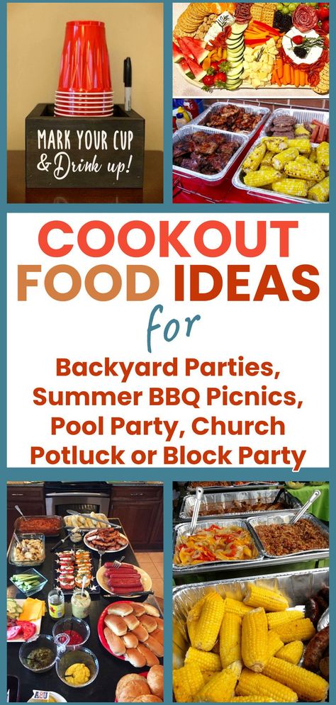 Cookout food ideas-backyard parties, summer BBQ picnics, Pool Party, Church Potluck or Block party to feed a crowd on a budget Essen, Outdoor Party Food Ideas For A Crowd, Neighborhood Party Food Ideas, Large Cookout Food Ideas, Block Party Ideas Food, Food Ideas For Large Parties, Neighborhood Potluck Ideas, Adult Bbq Party Ideas, Large Bbq Party Food