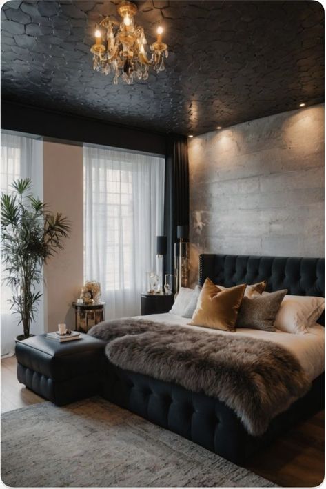 Black Theme Room Ideas, Black Bedroom Furniture Aesthetic, Bedroom Inspiration Cozy Dark, Unisex Bedroom Couples, Love Room Romantic, Black Headboard Bedroom Color Schemes, Fur Bedroom Decor, Black Aesthetic Apartment, Simple Luxury Bedroom