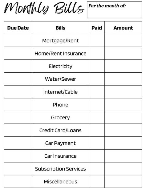 Keep up with your monthly bills and make sure you keep them paid on time. Yearly Budget Printable Free, House Bills List, Moving Budget Template, Bill Planner Printable Free, Bills Organization Ideas Monthly Budget, Bills Organization Ideas, Monthly Bills Template, Cash Envelope System Printable, Bills Template