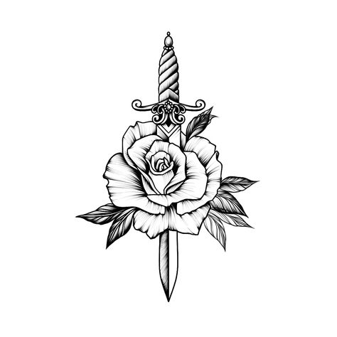 Rose Knife Tattoo Design, Dager Tattoos With Rose, Dagger Through Rose Tattoo, Dagger And Flower Tattoo, Dagger With Flowers Tattoo, Dagger Flower Tattoo, Floral Dagger Tattoo, Dagger Rose Tattoo, Dagger And Rose Tattoo