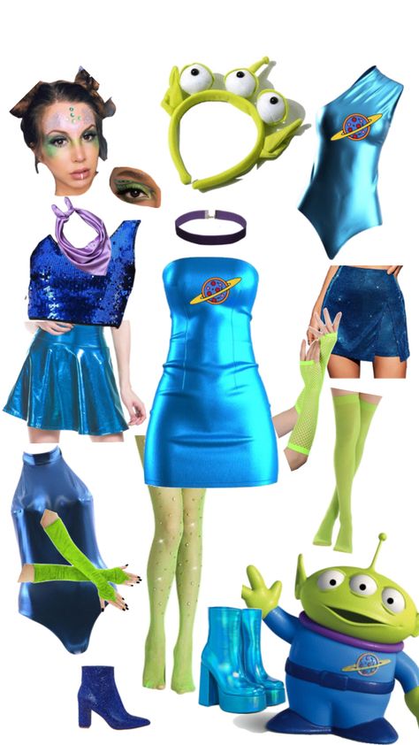 Halloween costume Toy Story pizza planet alien Alien Tourist Costume, Buzz Lightyear And Alien Costume, Buzzlight Year Halloween Costumes Women, Pizza Planet Alien Costume Diy, Pixar Alien Costume, Audrey Atlantis Costume, Toy Story Rave Outfit, Space Movie Costumes, Diy Toy Story Costumes Women