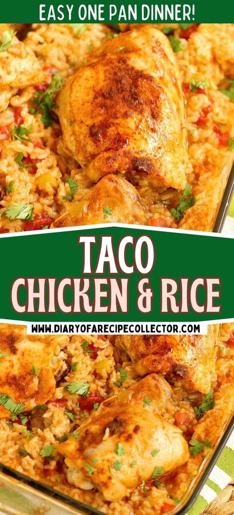 Taco Chicken and Rice is an easy one pan dinner idea with only a few ingredients. It's easy to put together and smells wonderful as it bakes! Mexican Chicken And Rice Bake, Mexican Chicken With Rice, Taco Chicken Rice, Taco Chicken And Rice, Easy Mexican Chicken And Rice, Chicken Taco Rice, Fiesta Chicken And Rice, One Pan Chicken And Rice, Chicken Thigh And Rice Recipe