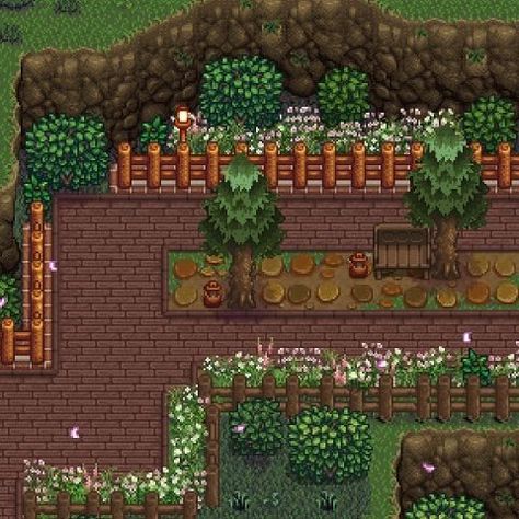 backwoods! Sdv Farm Layout Hilltop, Stardew Valley Decorating Ideas, Star Dew Valley Forest Farm, Stardew Valley Fence Ideas, Stardew Valley Tree Farm Layout, Stardew Valley Hill Top Farm Layout, Stardew Honey Layout, Stardew Valley Mines Decoration, Wilderness Farm Stardew Valley