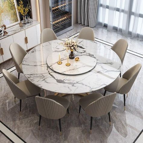 Glam Dining Chairs, Dining Room Glam, Contemporary Round Dining Table, Slate Table, Round Marble Dining Table, Leather Table, White Chairs, Esstisch Modern, Stone Dining Table