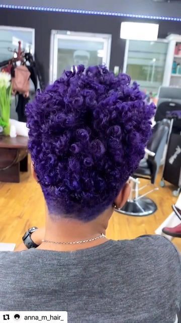 Purple Twa Natural Hair, Black Women Purple Hair, Purple Pixie Cut Black Women, Lavender Hair Black Women, Violet Curly Hair, Tapered Twa Hairstyles, Purple Short Hair, Curly Purple Hair, Purple Afro