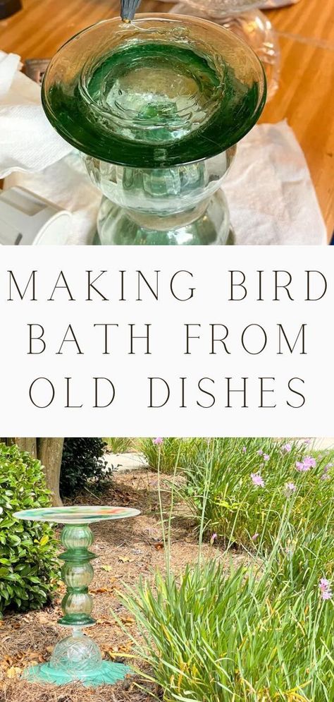 Recycled Bird Bath, Dollar Tree Bird Bath Diy, Repurposed Bird Feeders, Terracotta Bird Bath Diy, Dollar Store Bird Bath, Bird Feeders Made From Dishes, Homemade Glass Birdbaths, Diy Bird Bath Upcycle Glass Bowls, How To Make Bird Bath