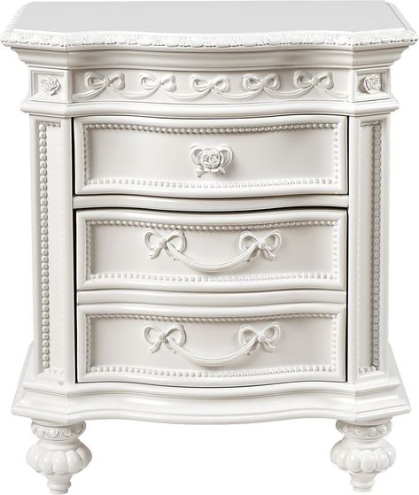 An ideal bedside piece, the nightstand has curved drawer fronts and felt-lined top drawer.  Custom rose hardware and bow detailing complement the white finish. Princess Furniture, White 6 Drawer Dresser, Princess Fairytale, Bed With Slide, Princess Room, White Nightstand, Cute Bedroom Decor, Rooms To Go, Komodo