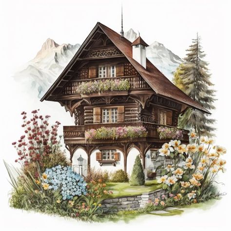 Swiss Chalet Exterior, Switzerland Illustration, Swiss Chalet Interior, Guesthouse Ideas, Chalet Exterior, Wood Deco, Swiss Switzerland, Chalet Interior, Swiss Chalet