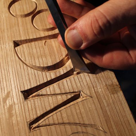 Lettering Gallery | David Fisher, Carving Explorations Carving Letters In Wood, David Fisher, Words On Wood, Wooden Carved Signs, Wood Carving For Beginners, Wood Chopping Board, Scale Drawing, Carved Signs, Chip Carving