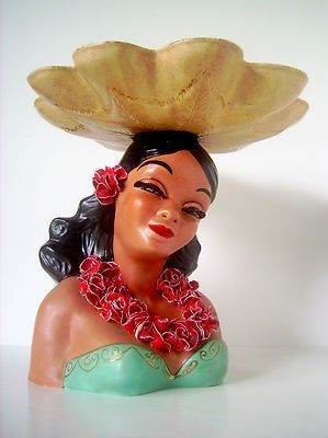 Vintage Hawaiian Tropical Luau Girl Head Vase or Buffet Platter, SIgned. | #347356553 Figurine, Hawaiian Kitchen, Hawaiian Room, Vase Head, Ceramic Lady Heads, Tiki Decor, Tiki Lounge, Head Vases, Hawaiian Decor