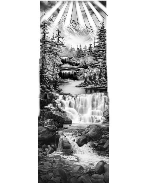 Forest Waterfall Tattoo, Scenic Tattoo Landscapes, Waterfall Tattoo Ideas For Women, Water Scene Tattoo, Forest River Tattoo, Waterfall Tattoo Sleeve, Tree Forest Tattoo, Waterfall Tattoo Design, Wilderness Tattoo Sleeve