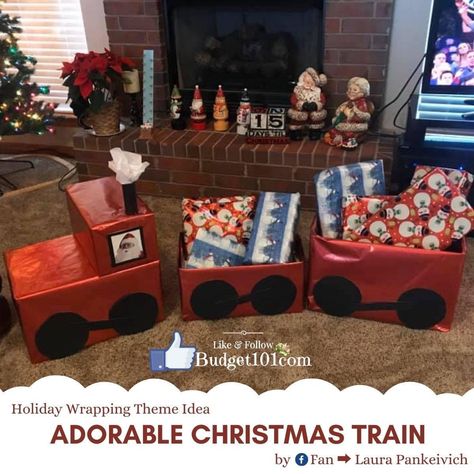 Train Present Wrapping, Christmas Gift Wrapping Train, Christmas Train Gift Boxes, Diy Christmas Present Train, Christmas Train Diy Cardboard Boxes, Christmas Gift Train, Christmas Present Train, Funny Wrapping Ideas, Christmas Decorations Dinner Table