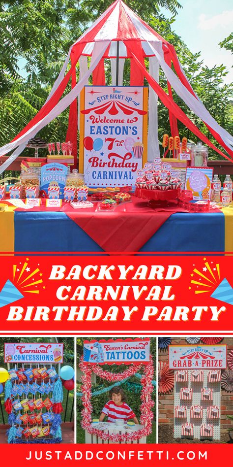 Temporary Tattoo Carnival Booth, Carnival Birthday Party Invite, Cheap Carnival Party Ideas, Carnival Birthday Party Prizes, Circus Carnival Birthday Party, Diy Circus Birthday Party, Five Ring Circus Birthday Party, Funfair Themed Birthday Party, Circus 5th Birthday Party