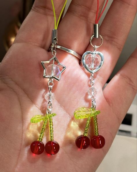 freshly harvested🍒✨ mini cherry phone charms Aesthetic Phone Strap, Phone Charms Ideas, Beaded Keychain Ideas, Keychain Ideas Diy, Phone Charms Diy, Phone Charm Ideas, Diy Phone Charms, Diy Keychain Ideas, Keychain Beads