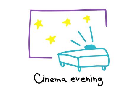 Cinema evening. Movie projector. Watching films. Hand drawn sketch. Vector cartoon colored illustration clipart. Evening Movie, Film Projector, Meaningful Lyrics, Movie Projector, Screen Icon, Projector Screen, Vector Cartoon, Projector, Cartoon Drawings