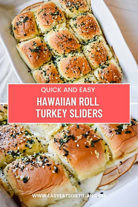 My Hawaiian roll turkey sliders are not only absolutely delicious but so easy to throw together, making them an irresistible addition to any gathering. These sliders feature tender slices of turkey and melted cheese nestled between soft and fluffy Hawaiian rolls and topped with an herby butter sauce. These rolls are perfect for potluck parties, family dinners, or a quick and delicious meal any time! #appetizer #lunch #quicklunch #potluck #fourthofjulyfood #easylunch Easy Dinner Recipes Sliders, Turkey Melt Sliders, Baked Turkey Sliders Hawaiian Rolls, Turkey Havarti Sliders On Hawaiian Rolls, Little Sliders Hawaiian Rolls, Garlic Butter Hawaiian Roll Sliders, Easy Dinner Sliders, Easy Dinner Ideas With Hawaiian Rolls, Make Ahead Hawaiian Roll Sandwiches