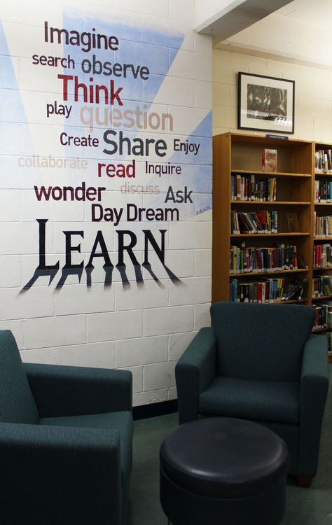 A mural in the High School Resource Centre by Alum Zachary Cartman '08 inspires students. School Library Decor, School Library Design, School Library Displays, Middle School Libraries, Library Quotes, High School Library, Library Boards, Library Display, Elementary Library