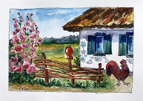 Ukrainian Landscape House with Mallows Digital Painting Ukrainian Art Rural Ukrainian Landscape 8 by 6 Ukrainian Store Instant Download Watercolor Ukraine, Ukrainian Painting, Cottage Drawing, Landscape House, Lino Printing, Cottage Painting, Ukrainian Art, Painting Inspo, House Drawing