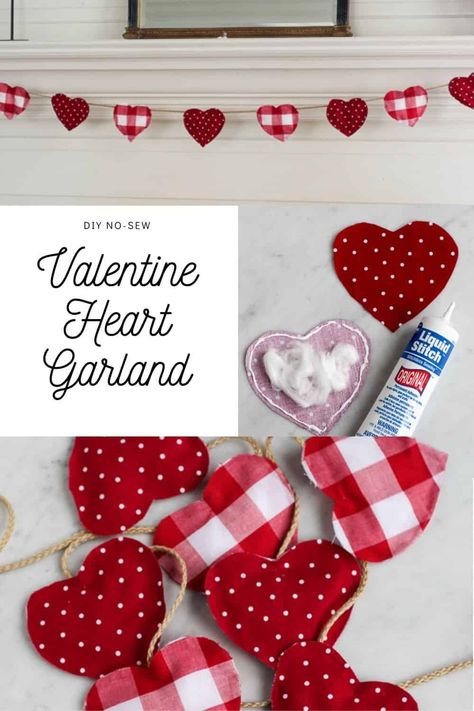 This DIY no-sew Valentine Heart Garland is so easy to make using fabric glue and material. This craft is easy for kids to make. Diy Heart Garland Fabric, No Sew Heart Pillow Diy, No Sew Fabric Hearts, Heart Garland Fabric, No Sew Kids Crafts, Material Crafts Fabric, Sew Valentine Projects, Fabric Heart Garland, Valentine Fabric Crafts