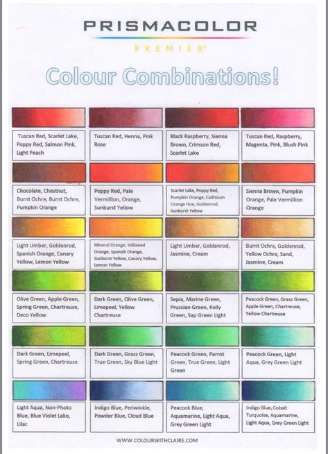 Prismacolor Premier Color Combinations, Color Palette Prismacolor Pencil, Prismatic Color Palette, Colored Pencil Techniques For Beginners, Prisma Color Combinations, Prismacolor Pencils Combinations, Prismacolor Color Combinations Chart, Prismacolor Chart, Prismacolor Color Combinations