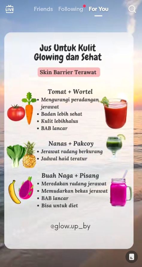 Foods For Skin, Makanan Rendah Kalori, Cushion Makeup, Makeup Cantik, Health Drinks Recipes, Resep Smoothie, Healthy Juice Drinks, Healthy Food Habits, Smoothie Recipes Healthy Breakfast