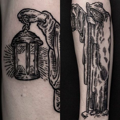 The Hermit by Ilja Hummel (@ iljahummel) #thehermit #tarot #blackink #blacktattooart #blacktattoomag #btattooing #blackworkerssubmission #blxckink #darkartists #germantattooers #tattooistartmag #TattooistArtMagazine #tattooartistmagazine #tattoosnob #woodcut #woodcuttattoo The Hermit Tattoo, The Hermit Tarot Tattoo, Hermit Tattoo, Tarot Tattoo Ideas, Medieval Woodcut, Etching Tattoo, Woodcut Tattoo, Lantern Tattoo, Medieval Tattoo