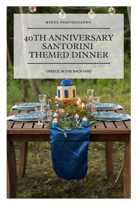 Greek Tablescape, Themed Dinner Party Ideas, Santorini Party, Greek Party Theme, Anniversary Party Ideas, Greek Theme, Dinner Tablescape, Greek Dinner, Themed Dinner Party