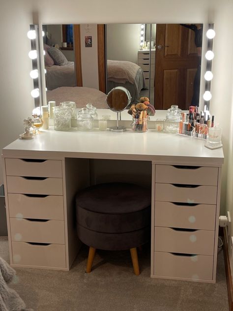 Ikea Alex Desk Bedroom, Alex Draw Desk, Ikea Light Mirror, Ikea Desk In Bedroom, Ikea Vanity Aesthetic, Ikea Alex Dressing Table, Alex Vanity Ikea, Alex Desk Vanity, Make Up Stations In Bedroom